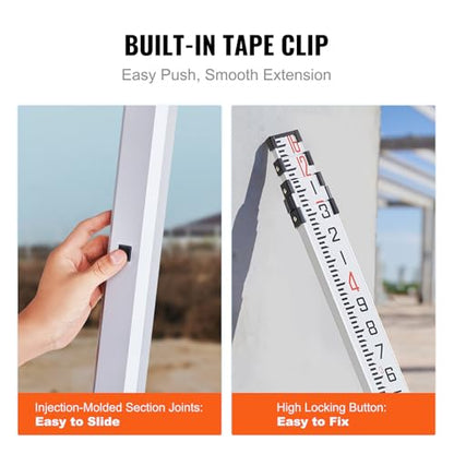 VEVOR Aluminum Grade 16-Feet/10ths 4 Sections Telescopic Measuring Rod, Double-Sided Scale 1/10ft Leveling Rod Stick with Bubble Level & Carrying Bag for Houses, Walls, Floors - size: 16 FT-10ths