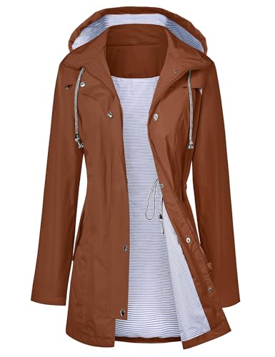 LOMON Raincoat Women Waterproof Long Hooded Trench Coats Lined Windbreaker Travel Jacket S-XXL - color: Caramel Brown, size: Large