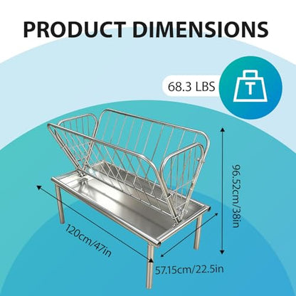 Heavy Duty Galvanized Steel Hay Feeder, 4 Ft Long Livestock Feeder, Large Capacity 2 in 1 Grain & Hay Rack with Steel Frame and Deep Feeding Pan, for Goats, Cow, Sheep, and Horses