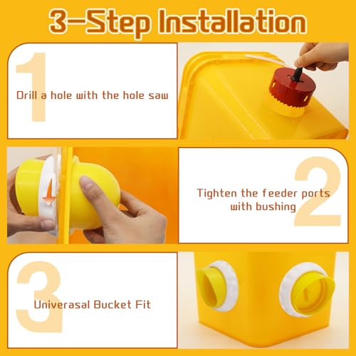 DIY Chicken Feeders 4 Ports Yellow No Waste | Automatic Rain Proof, Poultry Feeder Kit, Includes 1 Hole Saw, for Buckets Barrels Bins Troughs - color: Yellow