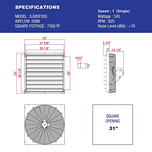 iLiving - 30" Wall Mounted Shutter Exhaust Fan - Automatic Shutter - Single Speed - Vent Fan For Home Attic, Shed, or Garage Ventilation, 5088 CFM, 7500 SQF Coverage Area, Silver (ILG8SF30S) - size: 30 In