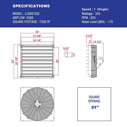 iLiving - 30" Wall Mounted Shutter Exhaust Fan - Automatic Shutter - Single Speed - Vent Fan For Home Attic, Shed, or Garage Ventilation, 5088 CFM, 7500 SQF Coverage Area, Silver (ILG8SF30S) - size: 30 In
