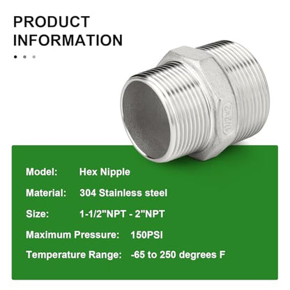 TAISHER 2PCS Cast 304 Stainless Steel Hex Nipple, Reducer Pipe Fitting 2" NPT Male x 1-1/2" NPT Male - size: 2" NPT x 1-1/2" NPT