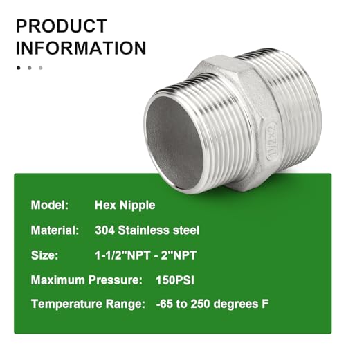 TAISHER 2PCS Cast 304 Stainless Steel Hex Nipple, Reducer Pipe Fitting 2" NPT Male x 1-1/2" NPT Male - size: 2" NPT x 1-1/2" NPT