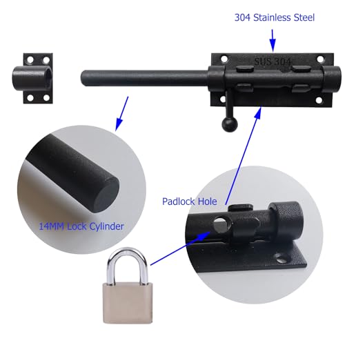 8 Inch Slide Bolt Latch, 304 Stainless Steel Bolt Lock with Padlock Hole, 14mm Dia.Rod Security Sliding Bolt Gate Latch, Heavy Duty Shed Door Latch for Inside Door, Outside Fence - Black - size: 8 Inch - Black