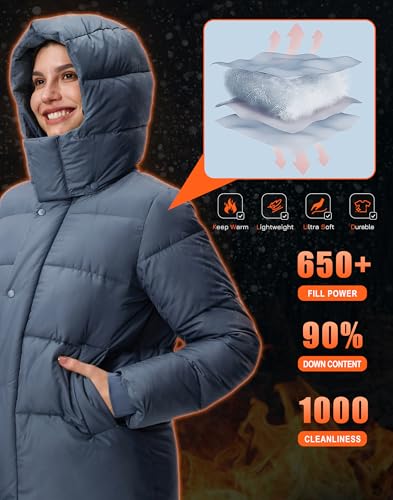 Pioneer Camp Women's Thickened Long Down Jacket 650+ Fill Power Puffer Jacket Winter Coat Parka Jacket with Hood - color: Grey, size: Large