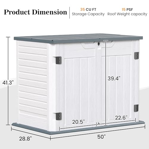 Amopatio Premium Resin Outdoor Storage Shed, 35 Cu Ft, White | Horizontal, Trash Can Storage, Weather Resistance, W/Lock, For Garbage Cans, Garden Tools, Lawn Mowers, Patio