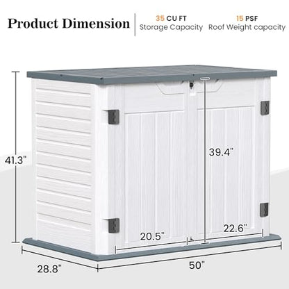 Amopatio Premium Resin Outdoor Storage Shed, 35 Cu Ft, White | Horizontal, Trash Can Storage, Weather Resistance, W/Lock, For Garbage Cans, Garden Tools, Lawn Mowers, Patio