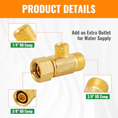 SUNGATOR Lead-Free Brass 3/8" Comp Inlet x 3/8" Outlet x 1/4" Outlet Add-A-Tee Valve, 3 Way Water Line Splitter, Compression Tee Connector with A Sealing Tape (2-Pack) - style: 3/8 x 1/4 Add-A-tee