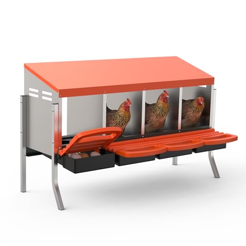 GarveeLife Chicken Nesting Box 4 Hole, Galvanized Steel Nest with Roll Away Egg Collection & Swing Perch, Easy-Clean Laying Box for Hens, Heavy Duty Design for Chicken Coop - color: Orange, size: 4 holes with legs