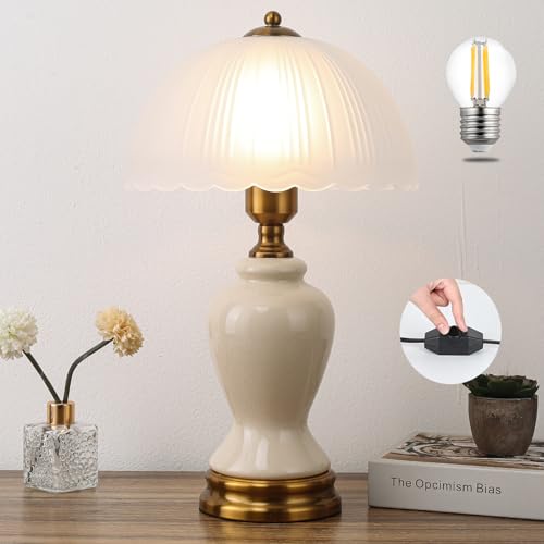Ceramic Table Lamp Dimmable for Living Room, 16" Modern Vintage Bedside Nightstand Lamps with White Glass Shade,Classic Chinoiserie Retro Bedroom Lamp for Night Stands, Dorm,Office, Home Decor - color: white vase