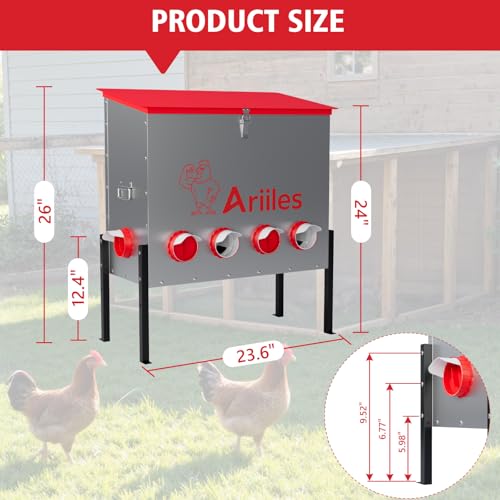 Automatic Chicken Feeder Box, 100lb Capacity, 10 No-Waste Ports, Metal Poultry Feeder with Covered Lid & Elevated Stand, Feed Dispenser for Chickens, Ducks & Backyard - size: 100 LB