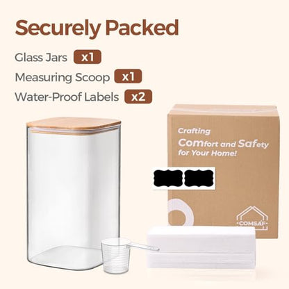 ComSaf 4.6Qt Glass Food Storage Containers, 1.2 Gallon Glass Flour and Sugar Containers with Airtight Lids, Large Square Jars with Bamboo Lids for Rice, Pasta, Oats, Grains, Cookies, Coffee Beans - color: 4.6Qt-Square