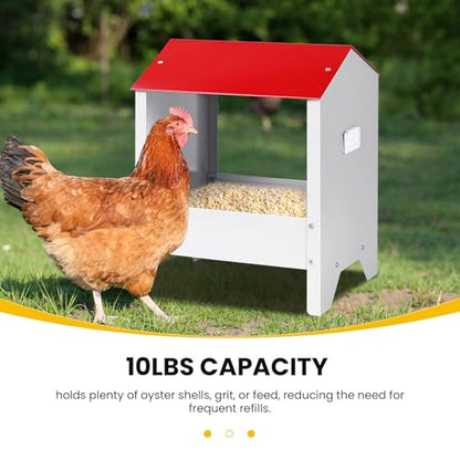 Metal Chicken Feeder with Weatherproof Lid Chicken Oyster Shell and Grit Feeder 10Lbs Poultry Feeding Trough for Hens, Ducks, Geese, Coop Accessories Supplies