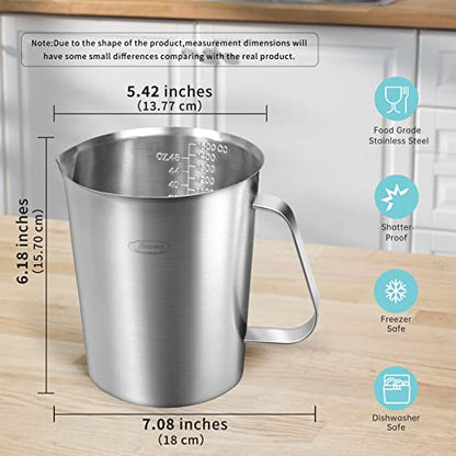 Measuring Cup, [Upgraded, 3 Measurement Scales, Including Cup Scale, ML Scale, Ounce Scale], Newness Stainless Steel Measuring Cup with Marking with Handle, 48 Ounces (1.5 Liter, 6 Cup) - size: 48 OZ (6 Cup, 1500 ML)