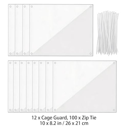 12 Pcs Clear Plastic Cage Guard Panels, 10 x 8.2 in Pet Habitat Siding, Splatter Anti-Splash Fence Dividers with 100 Zip Ties for Rabbit Cages, Guinea Pig Enclosures, Small Animal Protection