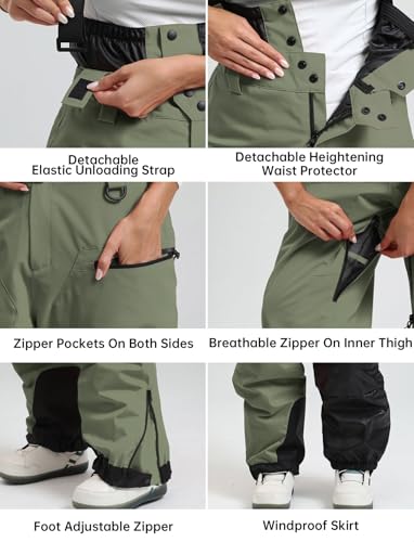GSOU SNOW Men Women Snowboard Pants-Baggy Ski Snow Bibs | 15K Waterproof Overalls,Insulated Windproof Breathable,Detachable Shoulder Straps - color: Army Green, size: Small