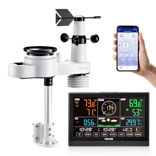 VEVOR 5-in-1 Wi-Fi Weather Station, 7.5-Inch VA Display, Wireless Solar Powered Outdoor Sensor, Rain Gauge, Indoor Outdoor for Weather Forecast, Wind Speed Direction, Temperature, Humidity, Rainfall - style: 5-in-1 Wi-Fi with APP