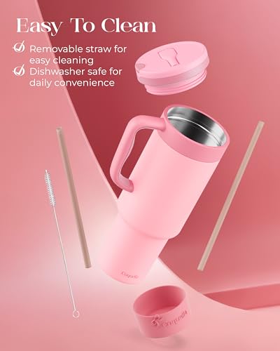 40 oz Insulated Tumbler with Handle and Push-Button Straw Lid, Stainless Steel Travel Cup for Gym Office, Leakproof, BPA-Free, Cup Holder Friendly, Bow Silicone Boot, Pink (Rose Quartz) - color: Rose Quartz