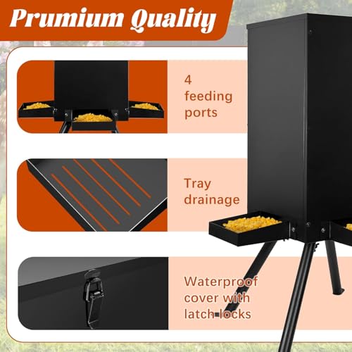PROLEE 85lbs Deer Feeder, Weatherproof Deer Feeders with 4 Feeding Tray and 4-Leg Stand, Heavy Duty Metal Gravity Feeder for Deers and Wildlife (Black) - color: Black