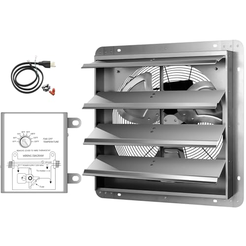 Simple Deluxe 20 Inch Wall Mounted Shutter Exhaust Fan with Temperature Controller and Power Cord Kit, Aluminum, 1200 RPM, 3368 CFM, for Attic, Garage, Louvered Vent, Plant, Greenhouse, Silver