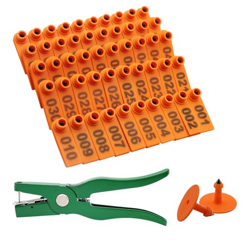 Sheep Ear tag plier& 001-100 Numbered Goat Ear Tags and 2pcs pins for Dog Deer and Livestock Animals(Orange) - color: Orange