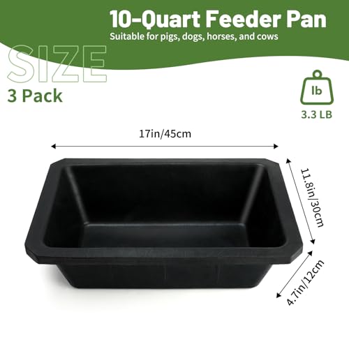 3Pcs Large Rubber Feeder Pan, 10 Quart/2.5 Gallon Horse Feed Bucket Water Bowl, Heavy Duty Water Troughs for Livestock Chicken Dust Bath Tub for Pig Goats Horses Farm Animal Feeding