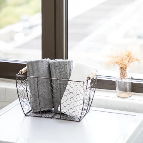 Decorative Brown Chicken Wire Basket with Wood Handles. 12.2x8x7.28