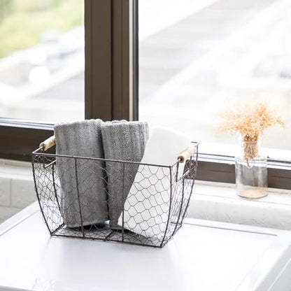 Decorative Brown Chicken Wire Basket with Wood Handles. 12.2x8x7.28
