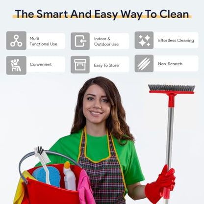 Foxtrot Living Grout Brush with Long Handle & Handheld Stiff Bristle Scrubber, V-Shaped Cleaner with Telescopic Handle for Easy Cleaning & Storage - Tile Floor Cleaning Brush - color: White and Red