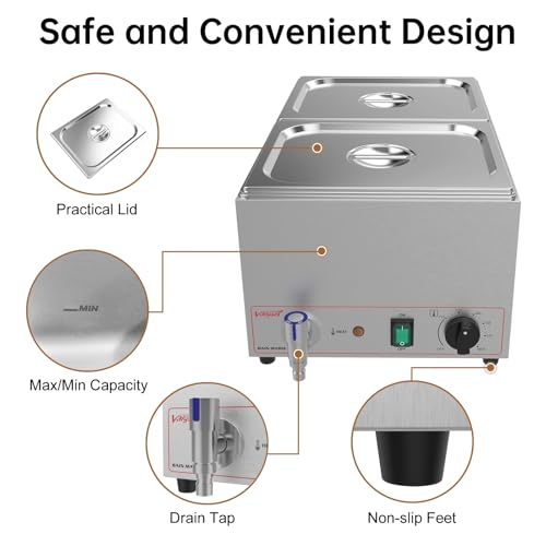 Valgus Commercial Bain Marie, 19 Qt Stainless Steel Food Warmer for Buffet | 2 Sections Food Warmer Steam Table, Countertop Heater with Lid and Tap for Home Catering and Restaurants - size: 2 Sections with Tap