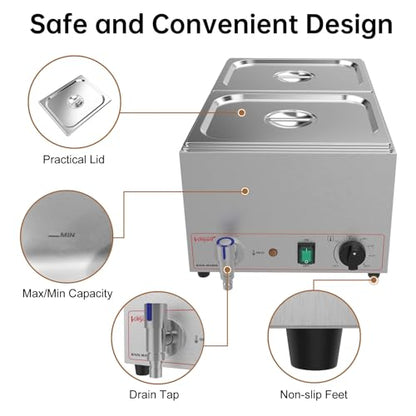 Valgus Commercial Bain Marie, 19 Qt Stainless Steel Food Warmer for Buffet | 2 Sections Food Warmer Steam Table, Countertop Heater with Lid and Tap for Home Catering and Restaurants - size: 2 Sections with Tap