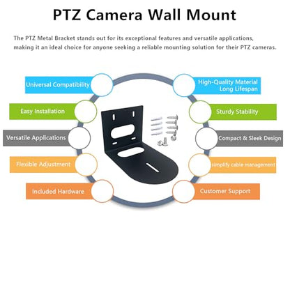 Prisual PTZ Camera Wall Mount Bracket - Heavy-Duty Solid Metal Universal Mount for All PTZ Cameras, Includes Mounting Screws, Adjustable Compact Space-Saving Design (Black) - color: Wall Mount Black