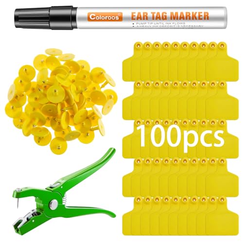 Geelin 100 Pcs Blank Cattle Ear Tags 1 Marking Pen Cow Livestock Ear Applicator Label Tags Set for Cattle Cow Horse Pig Goat Sheep (Yellow) - color: Yellow