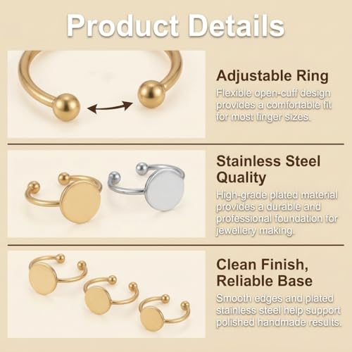 45 Pcs Adjustable Ring Blanks Stainless Steel, Flat Pad Tray Ring Base for DIY Jewelry Making, Open Band Fit Most Sizes, Durable Craft Findings Set for Resin Cabochon Gem Settings Gold Silver