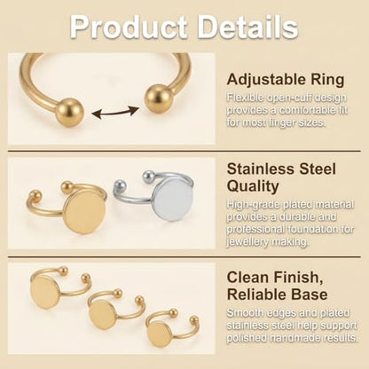 45 Pcs Adjustable Ring Blanks Stainless Steel, Flat Pad Tray Ring Base for DIY Jewelry Making, Open Band Fit Most Sizes, Durable Craft Findings Set for Resin Cabochon Gem Settings Gold Silver
