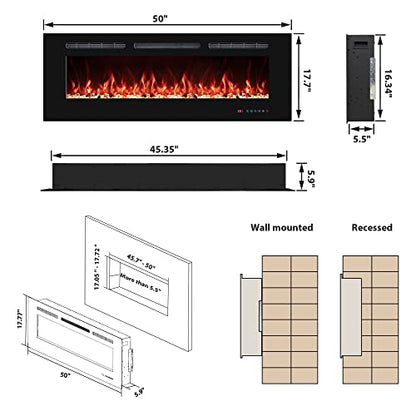 50" Electric Fireplaces Inserts, Recessed & Wall-Mounted Fireplace Heater with Thermostat, Multicolor Flames,Timer, Log & Crystal, 750/1500W - size: 50 inch
