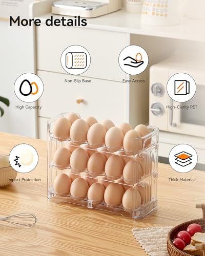 3-Tier Egg Holder, Holds 30 Eggs with Lift-Up Layers & Date Tracker, Multi-Use egg Organizer with Handle for Countertop, Pantry, Refrigerator, Clear