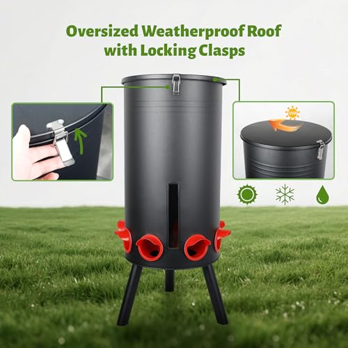 KOL 75 LB Large Free Standing Chicken Feeder, Portable Gravity Chicken Feeder Automatic, Dispenser, 8 Feeding Ports Poultry Feeder for Chicken Rooster & Hen (Black)