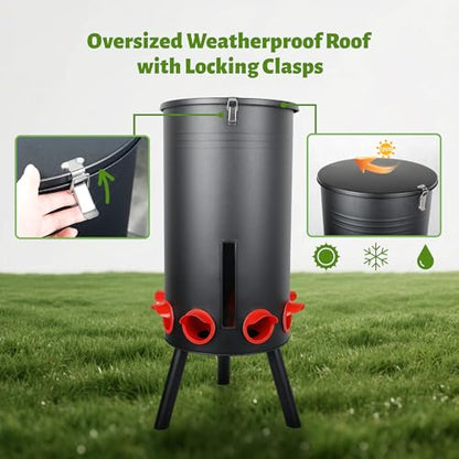 KOL 75 LB Large Free Standing Chicken Feeder, Portable Gravity Chicken Feeder Automatic, Dispenser, 8 Feeding Ports Poultry Feeder for Chicken Rooster & Hen (Black)