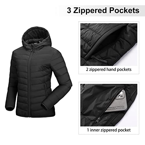 Outdoor Ventures Women's Packable Lightweight Full-Zip Puffer Jacket with Hood Quilted Winter Coat - color: Black New(fold in Pocket), size: 3X-Large