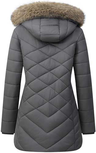 Women's Long Warm Winter Coat Windproof Thickened Fleece Lined Down Jacket Waterproof Puffer Outerwear with Removable Hood - color: Darkgrey, size: Small