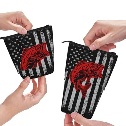 Fishing American flag Standing Pencil Case Cute Telescopic Stationary Pouch with Zipper Large Capacity Stand up Pen Bag Portable Makeup Holder for School Office Supplies - color: Fishing