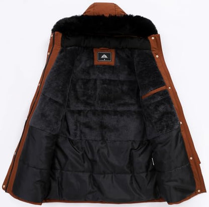 MOERDENG Women's Long Winter Down Coat Thicken Fleece Lined Parka Warm Puffer Jacket With Faux Fur Detachable Hood - color: Brown, size: Medium