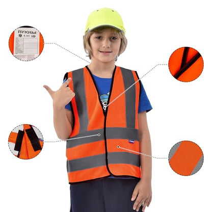 AYKRM Kids High visibility viz vest hi vis viz reflective safety vests - color: Orange, size: 10-14Y