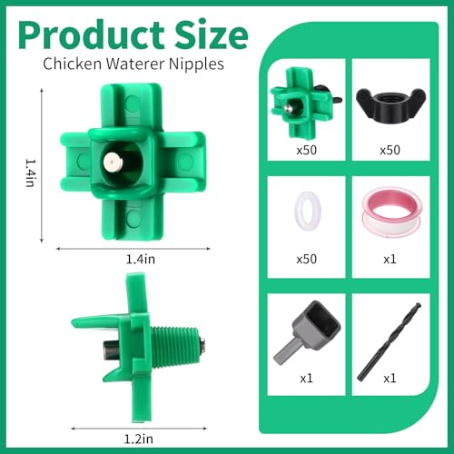 LemonRoad 50 Pack Horizontal Chicken Nipples Horizontal Poultry Automatic Waterer Nipples Chicken Water Feeder with 50 Pcs Ring Gaskets, 50 Pcs Wing Nuts and Drill Bit for Bucket Ducks Quail (Green)