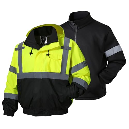 SKSAFETY 3-in-1 High Visibility Winter Bomber Jackets Zip Out Fleece Liner Reflective Safety Coats for men Waterproof ANSI/ISEA Class 3(Lime 5XL) - color: Lime, size: 5X-Large