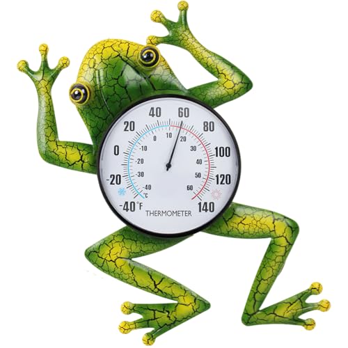Frog Outdoor Thermometer, Metal Indoor Wall Thermometer, 15.7" No Battery Needed Outside Thermometer for Patio Home Room Decor - color: Green Frog