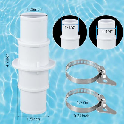 Pool Hose Adapter Pump Hose Connector 1.25 to 1.5 inch Plastic Pool Vacuum Hoses Adapter with 2Pcs Stainless Steel Clamps for Swimming Pools Vacuum Cleaners Filter Pump Hoses, 2 Pack