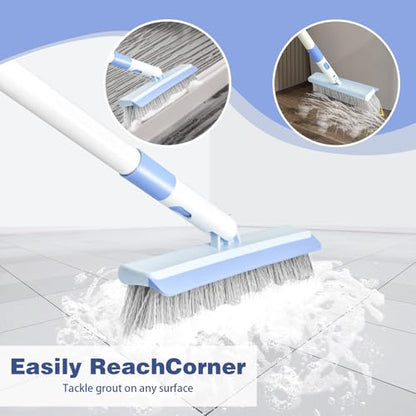 Floor Scrub Brush and V-Shape Grout Brush with Long Handle 3 in 1 Replaceable Head Scrape Brush Stiff Bristle with Swivel Head for Cleaning Tiles Hardwood Floors Patios Blue - color: Blue White